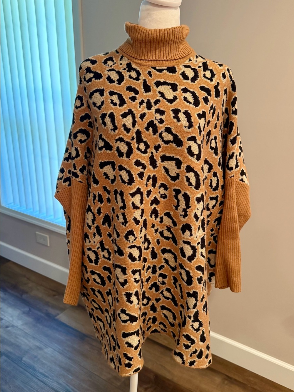Chico’s Turtleneck Leopard Print Poncho Sweater - Camel/Black